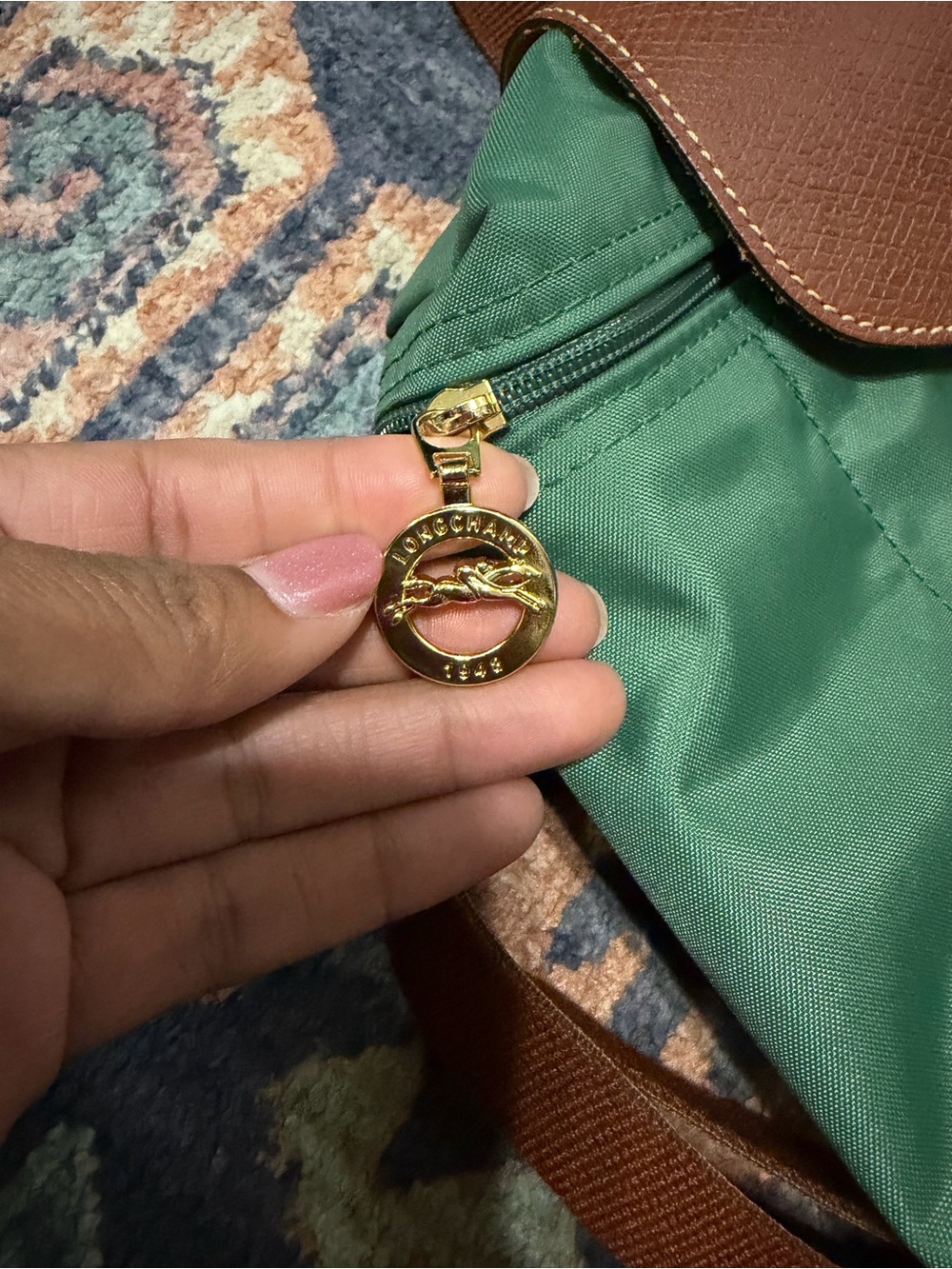 Longchamp Green Nylon Backpack with Brown Trim - Picture 2 of 11